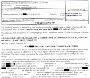 Excerpt from a police probable cause (PC) affidavit filed in 2023 in Colorado in David McConkie's criminal case. Black rectangles are redactions by FLOODLIT; white blank areas were previously redacted by the court.