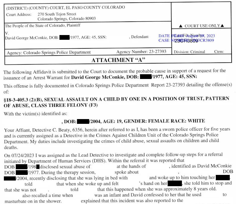 Excerpt from a police probable cause (PC) affidavit filed in 2023 in Colorado in David McConkie's criminal case. Black rectangles are redactions by FLOODLIT; white blank areas were previously redacted by the court.