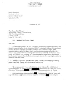 LDS church risk manager Paul Rytting letter to BSA claims manager Mark Dama, Nov. 19, 2003, p. 1