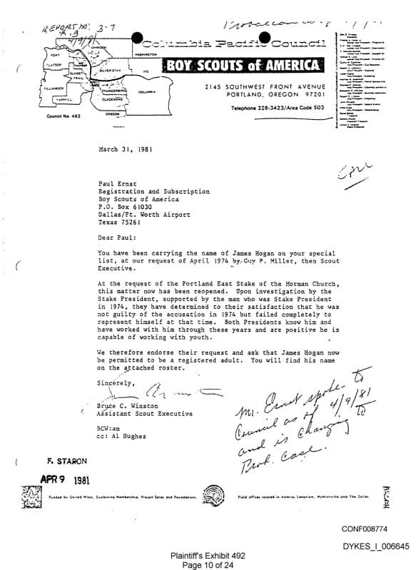 1981 Letter - BSA - Mormon church - James Francis Hogan - Jim - 1