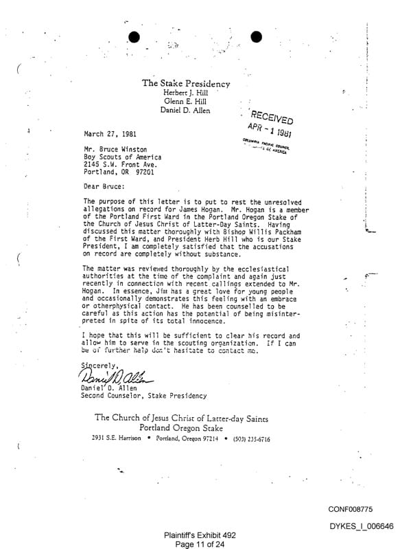 1981 Letter - BSA - Mormon church - James Francis Hogan - Jim - 2